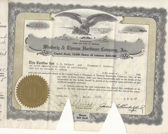 Wimberly & Thomas Hardware Co. (Alabama) Stock Certificate 1930's-40's