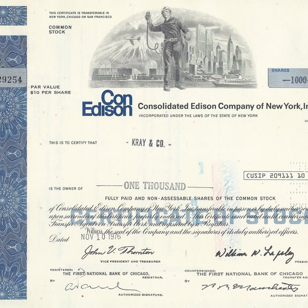 Con Edison - Consolidated Edison Company of New York, Inc. Stock Certificate