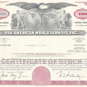Pan American World Airways Inc. Stock Certificate - Red, 100 Shares. 1960&#39;s-1970&#39;s