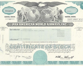 Pan American World Airways Inc. Stock Certificate - Aqua, 1980's