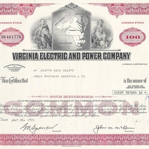 Virginia Electric & Power Co. Stock Certificate - Red, 100 Shares, 1970&#39;s