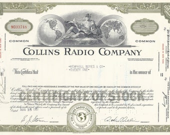Collins Radio Co. Stock Certificate - Olive, Less than 100 shares