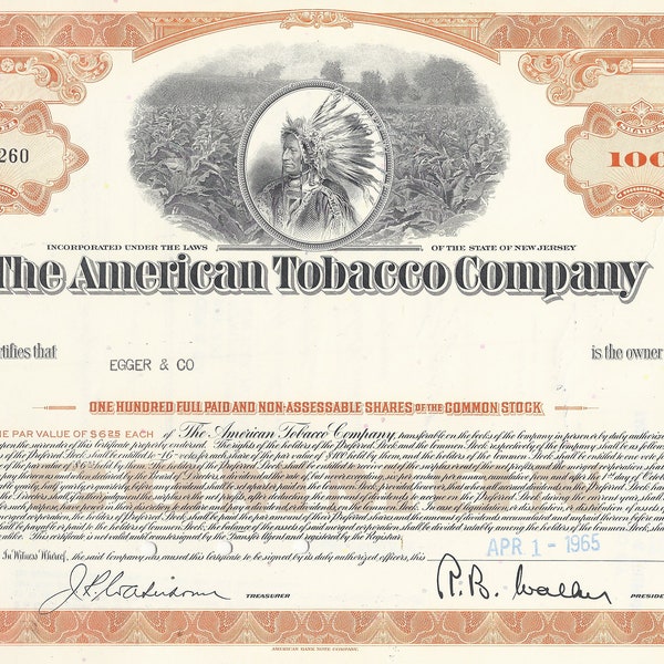 American Tobacco Co. Stock Certificate - Orange 100 Shares