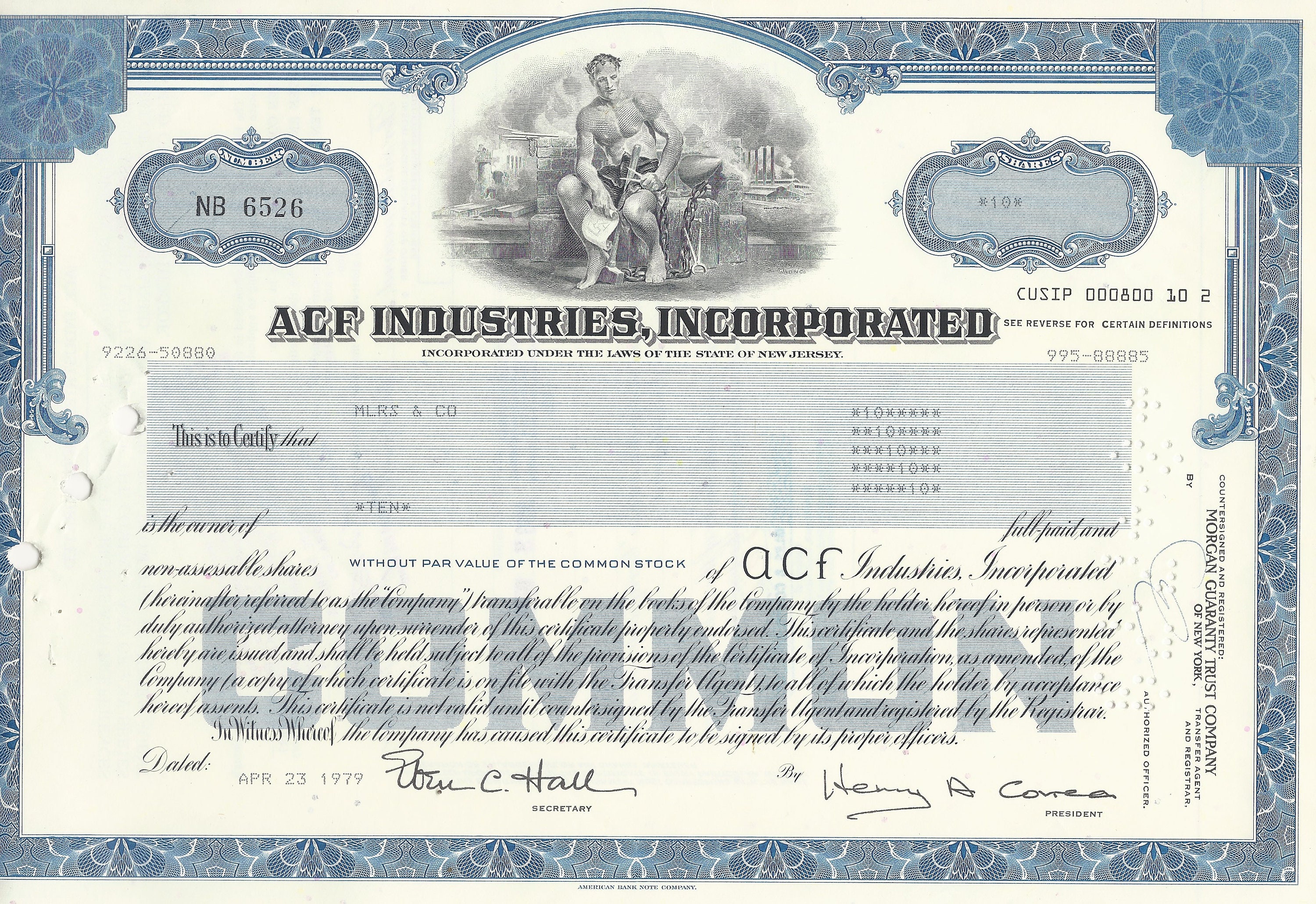 American Car and Foundry Incorporated Stock Certificate ACF Industries 