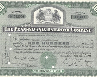 Pennsylvania Railroad Co. Stock Certificate - Type 1 Green, 1930's-1950's