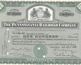 Certificato azionario della Pennsylvania Railroad Co. - Tipo 1 verde, anni '30 -'50