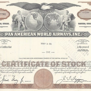 Pan American World Airways Inc. Stock Certificate - Brown, Less than 100 Shares, 1960&#39;s-1970&#39;s