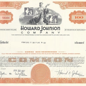 May include: A vintage stock certificate for Howard Johnson Company, dated June 12, 1967, with a certificate number N 59384. The certificate is for 100 shares of common stock, with a par value of $1.00 per share. The certificate is signed by John H. Wyllie, Treasurer, and Howard B. Johnson, President.