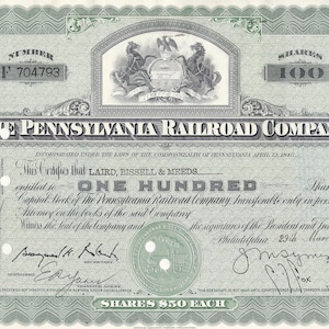 May include: A vintage stock certificate for 100 shares of The Pennsylvania Railroad Company, dated March 29, 1955. The certificate is printed on green paper with black ink and features a seal with two horses and a crest. The certificate number is F 704793. The stock is valued at $50 per share.