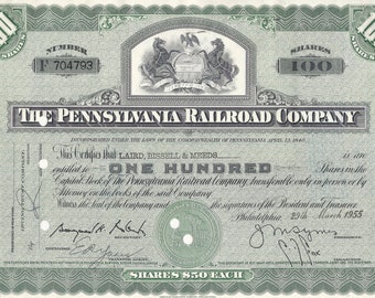 Certificato azionario della Pennsylvania Railroad Co. - Tipo 1, verde, 1955 con documenti di intermediazione originali!