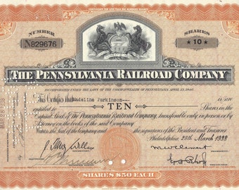 Certificato azionario della Pennsylvania Railroad Co. - Tipo 1 Arancione, anni '30-'50