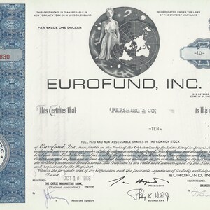 May include: A vintage stock certificate for Eurofund, Inc. The certificate is dated October 10, 1966, and is for ten shares of the company's common stock. The certificate features a seal with the company's name and a map of the world.