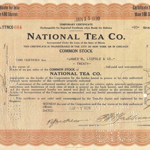 National Tea Co. Stock Certificate - 1920&#39;s