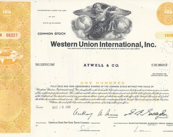 Western Union International Inc. Stock Certificate - Orange, 100 Shares, 1960's-1970's