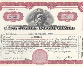 Bond Stores Inc. Stock Certificate - Less than 100 Shares