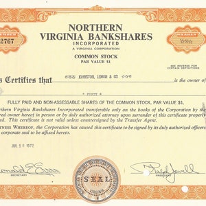 Northern Virginia Bankshares Inc. Stock Certificate