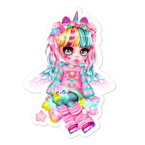 Kawaii Anime Angel Girl With Star Rainbow Pillow Sticker Etsy