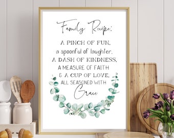 Family Recipe | Uplifting Motivational Family Values Sign, Wall Plaque for Kitchen or Dining | Typography with Leaf Border Decor | Unframed