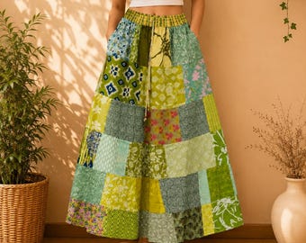Patchwork Maxi Skirt, Cotton Boho Festival Hippie Long Skirt Elastic Waist Handmade Women's.