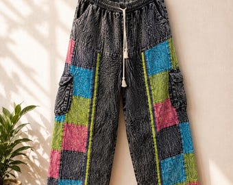 Stone Washed Cargo Pants, Patchwork Cotton Boho Festival Hippie Trousers.