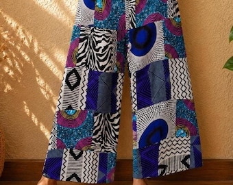 Handmade Patchwork Cotton Wide Leg Pants, Boho Festival Trousers