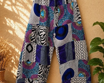 Handmade Patchwork Cotton Wide Leg Pants, Boho Festival Trousers