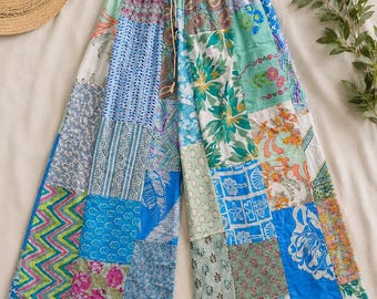 Pantalones palazzo estilo boho patchwork, pantalones hippies de algodón de pierna ancha, pantalones hechos a mano para festivales para mujer.