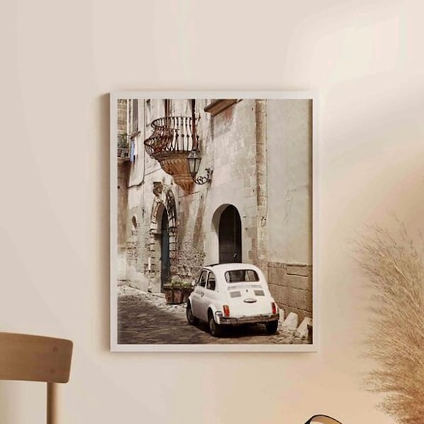 Fiat Old Italian Town, Old Fiat, Old Car, Italian town Italian Poster summery feeling beige Poster Beige Wall Art Fiat 500 Digital Download