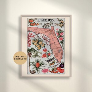 Carte de l'état de la Floride en 1917, ressources naturelles, affiche vintage, carte vintage de la Floride, affiche vintage de la Floride, voyage vintage, téléchargement numérique
