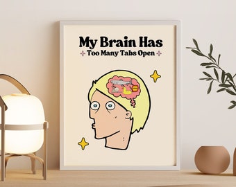 My Brain Has Too Many Tabs Open, Funny Gift, Office Decor, Office Wall Art, Funny Home Office, Overthinking, Brain Poster, My Brain, Digital