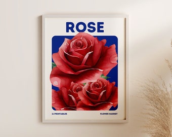 Rose Poster, rote Rose Wandkunst, rote Blumenkunst, Rosen Wanddekor, Vintage Blumendruck, Rosendruck, Badezimmer Dekor, Schlafzimmer Poster Digital