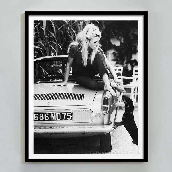 Brigitte Bardot iconic, black and white artwork, Brigitte bardot poster, Vintage car poster, black dog painting, Bardot art, Digital Art