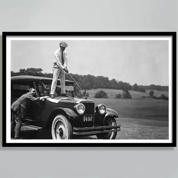 Golfer Poster, Antique Car, Funny Poster, Vintage Poster, Black and White Art, Golfer Poster, Golf on Top of Car, Old Photograph Digital Art