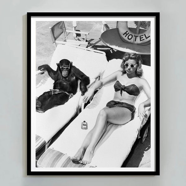 Lazy Days Poster, Chimpanzee Sunbathing Black & White Poster, Sun tanning Art,Chimpanzee with Model, Wall Decor Living Room Digital Download