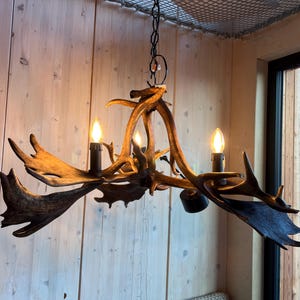 Op de afbeelding: Een rustieke kroonluchter gemaakt van geweien met drie gloeilampen. De kroonluchter hangt aan een ketting en bevindt zich in een kamer met houten lambrisering.