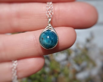 Apatite Sterling Silver Necklace | 8mm Gemstone Pendant | Dainty Crystal Jewellery