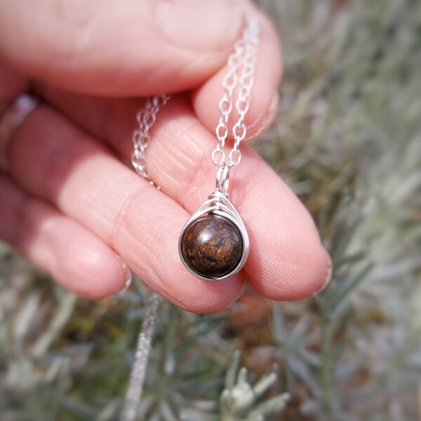 Bronzite Sterling Silver Necklace | 8mm Gemstone Pendant | Dainty Crystal Jewellery