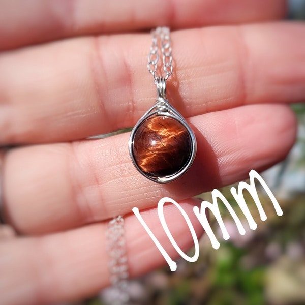 Red Tiger's Eye Sterling Silver Necklace | 10mm Gemstone Pendant | Dainty Crystal Jewellery