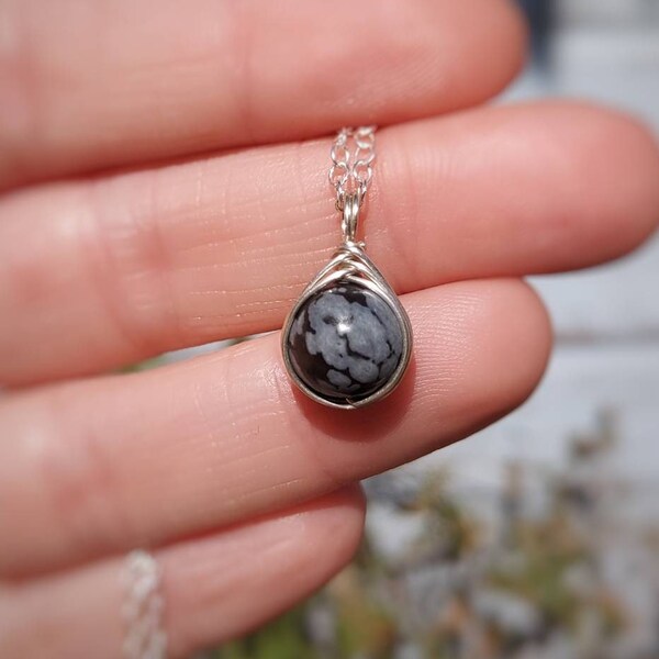 Snowflake Obsidian Sterling Silver Necklacr | 8mm Gemstone Pendant | Dainty Healing Crystal Jewellery