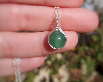 Green Aventurine Sterling Silver Necklace | 8mm Gemstone Pendant | Dainty Crystal Jewellery