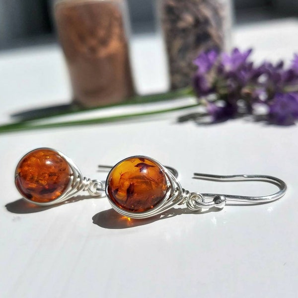 Amber Sterling Silver Drop Earrings | Gemstone Earrings | Dainty Crystal Jewellery