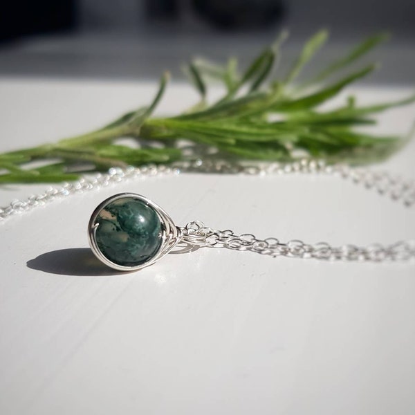 Moss Agate Sterling Silver Necklace | 8mm Gemstone Pendant | Dainty Crystal Jewellery
