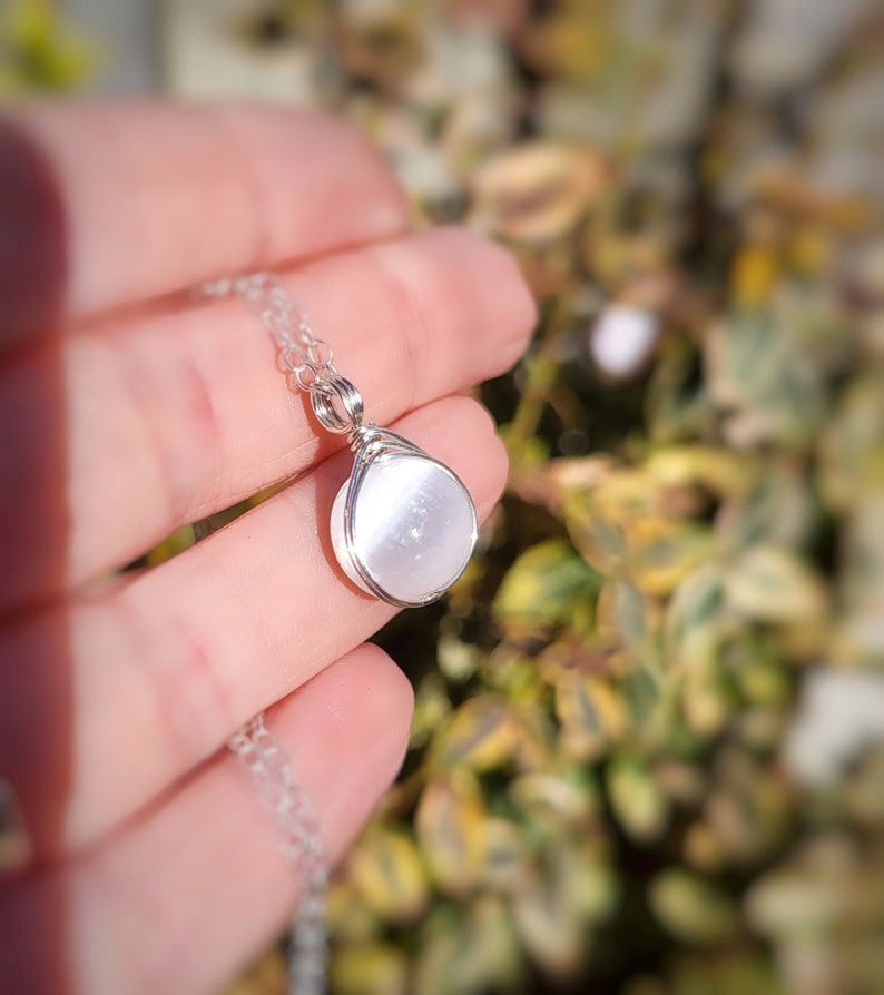 Selenite Sterling Silver Necklace 10mm Gemstone Pendant Dainty Crystal Jewellery image 2