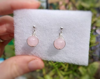 Rose Quartz Sterling Silver Stud Drop Earrings | Gemstone Earrings