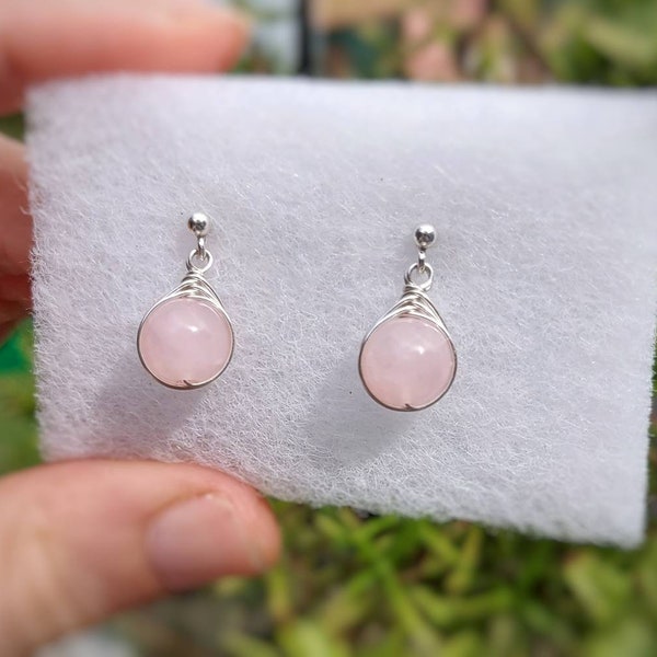 Rose Quartz Sterling Silver Stud Drop Earrings | Gemstone Earrings