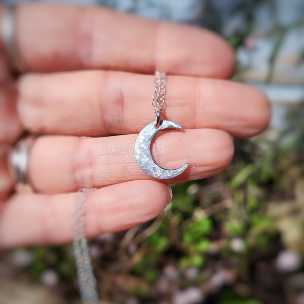 Hammered Crescent Moon Sterling Silver Necklace | 15mm Pendant | Celestial Jewellery