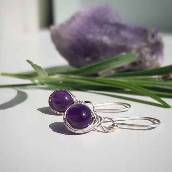 Amethyst Sterling Silber Tropfen Ohrringe | Edelstein Ohrringe | Zierlicher Kristallschmuck