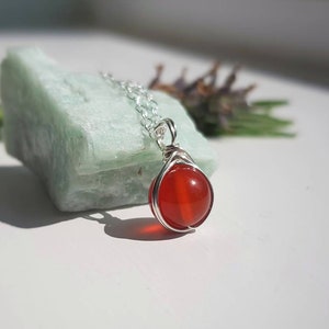 Carnelian Sterling Silver Necklace | 8mm Gemstone Pendant | July Birthstone Necklace | Dainty Crystal Jewellery