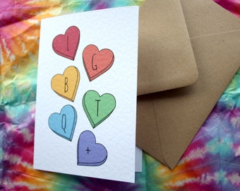 A6 LGBTQ+ Greeting card | Gay pride | Rainbow hearts | Coming out card | Rainbow pride hearts
