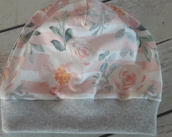 Mütze Beanie Rosen Shabby l romantisch Beanie KU 52-54 grau rosa Blumenmütze Mütze für den Herbst Mädchenmütze